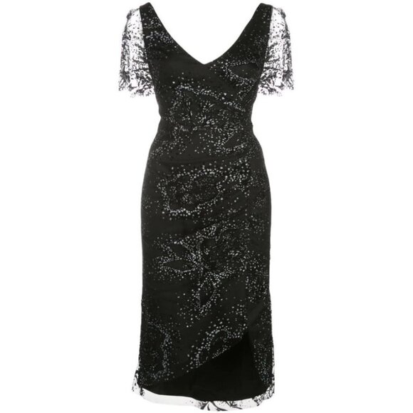 NWT Marchesa Notte Black Lace V-Neck Flocked Midi Dress $495 - Picture 4 of 7